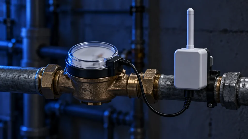 Радіомодуль LoRaWAN з антеною поруч із лічильником води на трубі