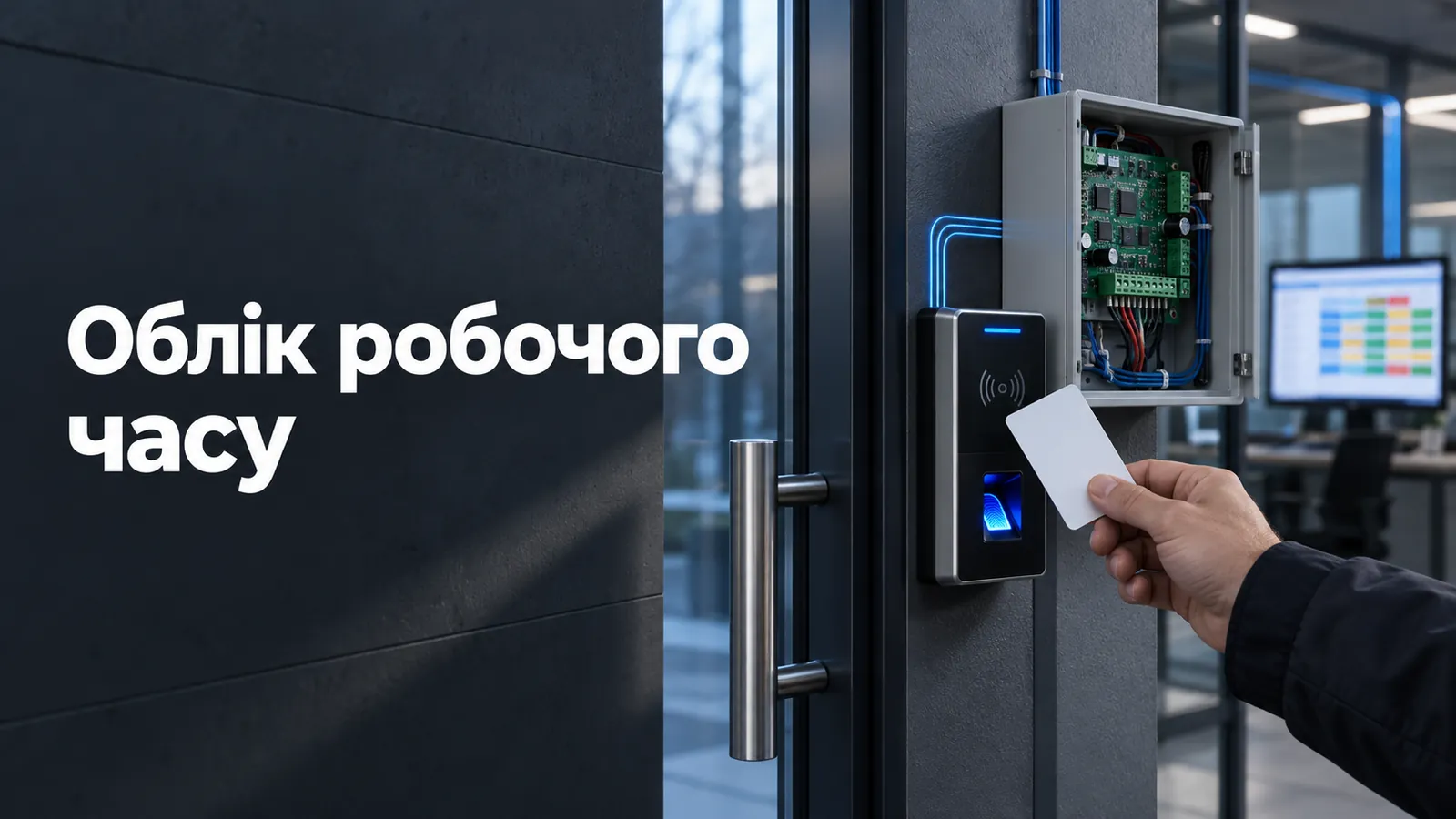 Облік робочого часу: зчитувач карток і відбитків біля входу, контролер у щитку